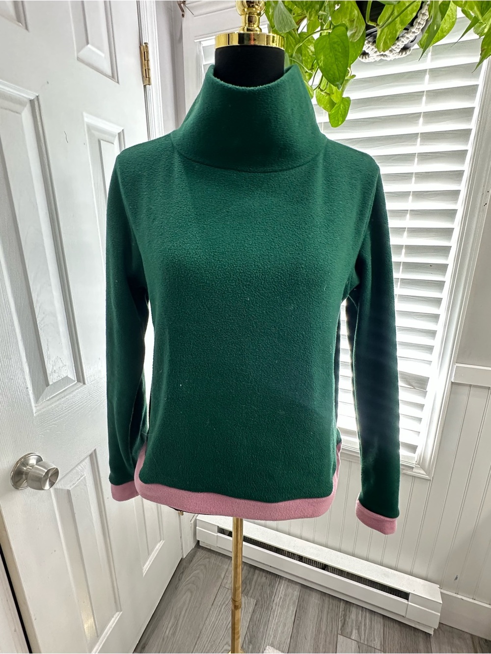 Dudley Stephens Forest Green Turtleneck Sweater with Pink Trim
